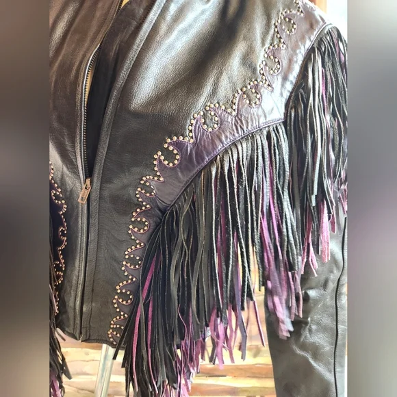 VTG 80s Black Leather Pink Purple Fringe Bike Zip Up Elastic Waist Jacket M - Picture 11 of 16